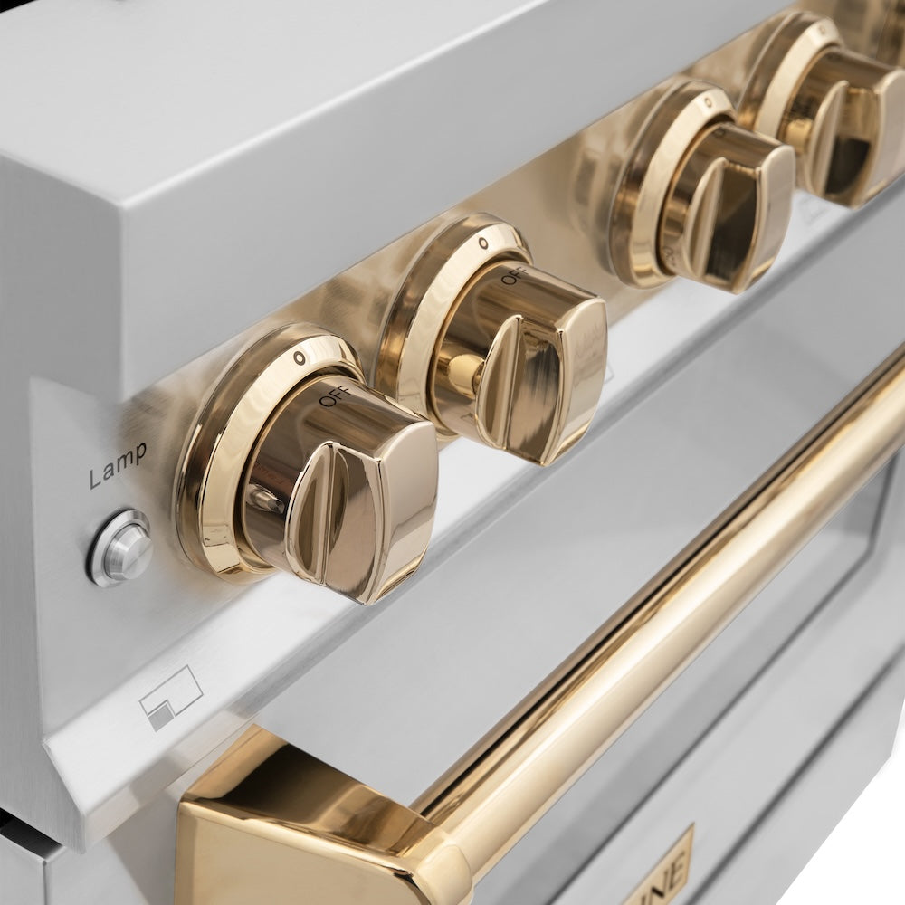 ZLINE Autograph Edition 36 in. 4.6 cu. ft. Legacy Dual Fuel Range with 6 Burner Gas Cooktop and Electric Convection Oven in Stainless Steel and Polished Gold Accents (RAZ-36-G) close-up, knobs.