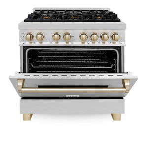 ZLINE Autograph Edition 36 in. 4.6 cu. ft. Legacy Dual Fuel Range with 6 Burner Gas Cooktop and Electric Convection Oven in Stainless Steel and Polished Gold Accents (RAZ-36-G) front, oven half open.