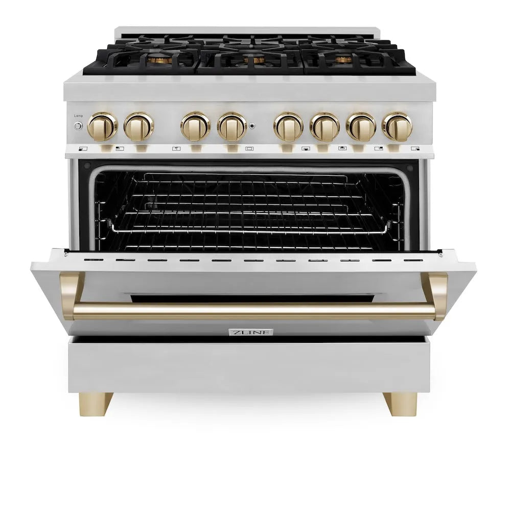 ZLINE Autograph Edition 36 in. 4.6 cu. ft. Legacy Dual Fuel Range with 6 Burner Gas Cooktop and Electric Convection Oven in Stainless Steel and Polished Gold Accents (RAZ-36-G) front, oven half open.