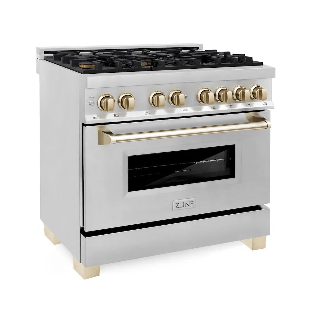 ZLINE Autograph Edition 36 in. 4.6 cu. ft. Legacy Dual Fuel Range with 6 Burner Gas Cooktop and Electric Convection Oven in Stainless Steel and Polished Gold Accents (RAZ-36-G) main image.