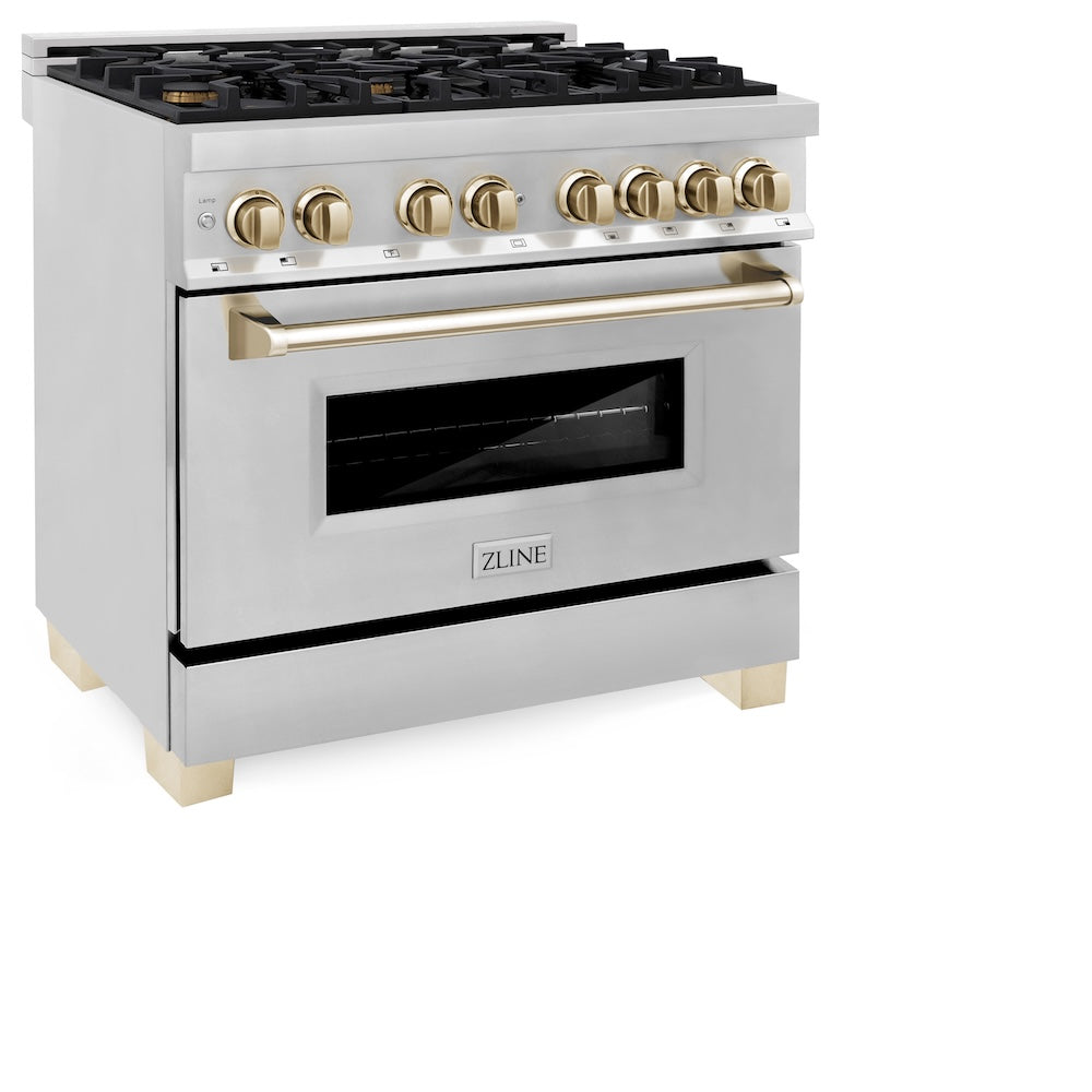 ZLINE Autograph Edition 36 in. 4.6 cu. ft. Legacy Dual Fuel Range with 6 Burner Gas Cooktop and Electric Convection Oven in Stainless Steel and Polished Gold Accents (RAZ-36-G) side.