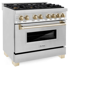 ZLINE Autograph Edition 36 in. 4.6 cu. ft. Legacy Dual Fuel Range with 6 Burner Gas Cooktop and Electric Convection Oven in Stainless Steel and Polished Gold Accents (RAZ-36-G) side.