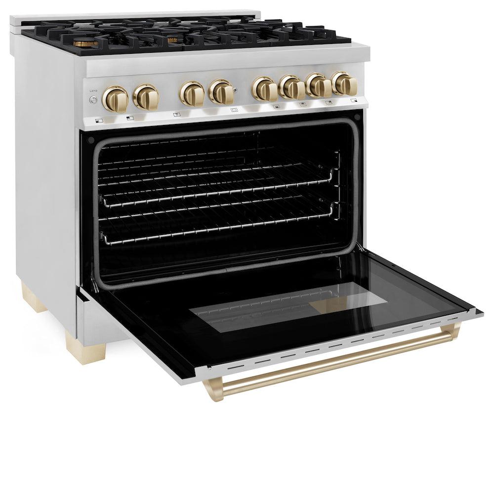 ZLINE Autograph Edition 36 in. 4.6 cu. ft. Legacy Dual Fuel Range with 6 Burner Gas Cooktop and Electric Convection Oven in Stainless Steel and Polished Gold Accents (RAZ-36-G) side, oven open.