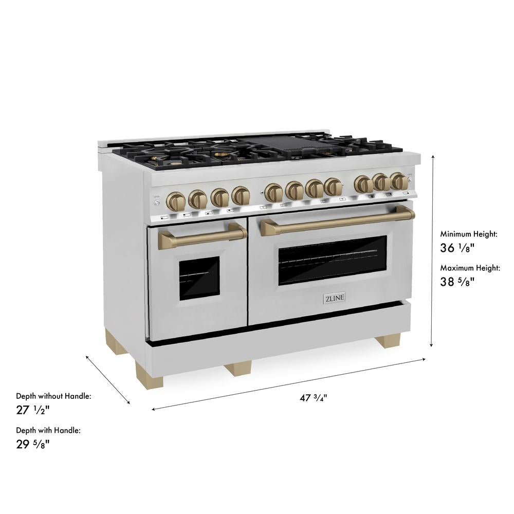 ZLINE Autograph Edition 48 in. 6.0 cu. ft. Legacy Dual Fuel Range with 7 Burner Gas Cooktop and 2 Electric Ovens in Stainless Steel and Champagne Bronze Accents (RAZ-48-CB) dimensional diagram.
