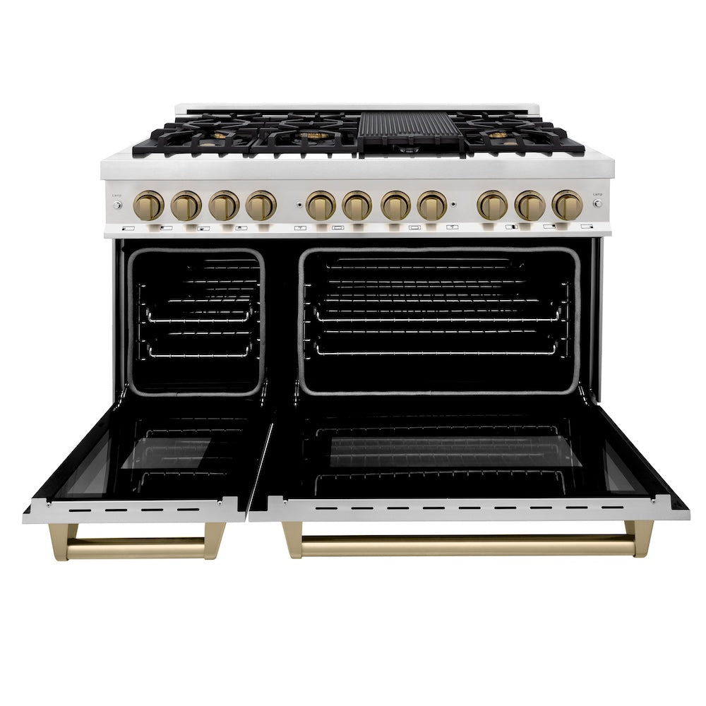 ZLINE Autograph Edition 48 in. 6.0 cu. ft. Legacy Dual Fuel Range with 7 Burner Gas Cooktop and 2 Electric Ovens in Stainless Steel and Champagne Bronze Accents (RAZ-48-CB) front, oven open.