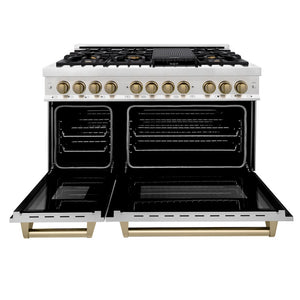 ZLINE Autograph Edition 48 in. 6.0 cu. ft. Legacy Dual Fuel Range with 7 Burner Gas Cooktop and 2 Electric Ovens in Stainless Steel and Champagne Bronze Accents (RAZ-48-CB) front, oven open.