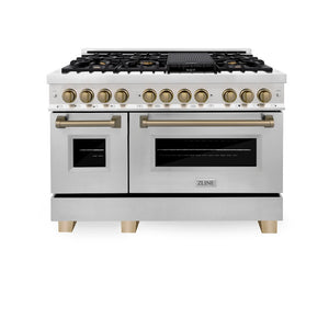 ZLINE Autograph Edition 48 in. 6.0 cu. ft. Legacy Dual Fuel Range with 7 Burner Gas Cooktop and 2 Electric Ovens in Stainless Steel and Champagne Bronze Accents (RAZ-48-CB) front, oven closed.