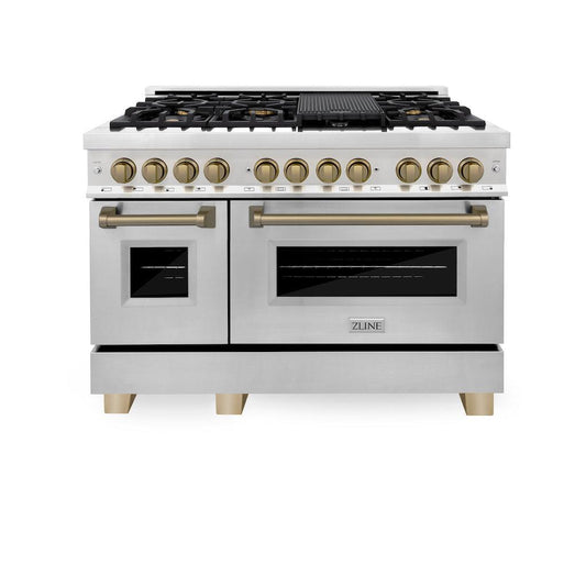 ZLINE Autograph Edition 48 in. 6.0 cu. ft. Legacy Dual Fuel Range with 7 Burner Gas Cooktop and 2 Electric Ovens in Stainless Steel and Champagne Bronze Accents (RAZ-48-CB) front, oven closed.