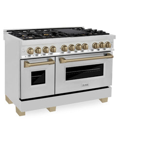 ZLINE Autograph Edition 48 in. 6.0 cu. ft. Legacy Dual Fuel Range with 7 Burner Gas Cooktop and 2 Electric Ovens in Stainless Steel and Champagne Bronze Accents (RAZ-48-CB) side, oven closed.