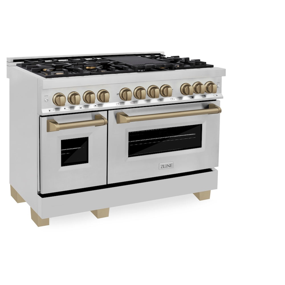 ZLINE Autograph Edition 48 in. 6.0 cu. ft. Legacy Dual Fuel Range with 7 Burner Gas Cooktop and 2 Electric Ovens in Stainless Steel and Champagne Bronze Accents (RAZ-48-CB) side.