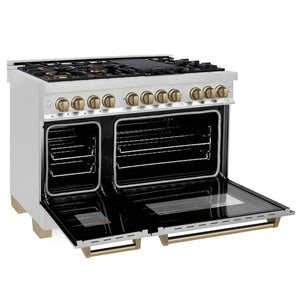 ZLINE Autograph Edition 48 in. 6.0 cu. ft. Legacy Dual Fuel Range with 7 Burner Gas Cooktop and 2 Electric Ovens in Stainless Steel and Champagne Bronze Accents (RAZ-48-CB) side, oven open.