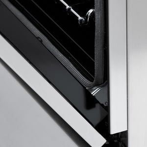 ZLINE Autograph Edition 48 in. 6.0 cu. ft. Legacy Dual Fuel Range with 7 Burner Gas Cooktop and 2 Electric Ovens in Stainless Steel and Polished Gold Accents (RAZ-48-G) StayPut oven door hinge.