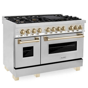 ZLINE Autograph Edition 48 in. 6.0 cu. ft. Legacy Dual Fuel Range with 7 Burner Gas Cooktop and 2 Electric Ovens in Stainless Steel and Polished Gold Accents (RAZ-48-G) main image.