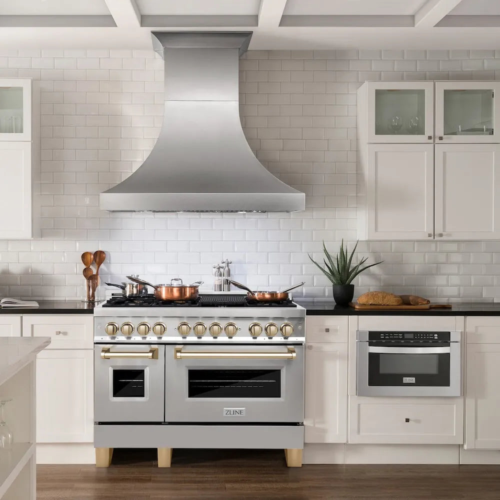 Modern farmhouse kitchen with a ZLINE Autograph Edition 48 in. 6.0 cu. ft. Legacy Dual Fuel Range with 7 Burner Gas Cooktop and 2 Electric Ovens in Stainless Steel and Polished Gold Accents (RAZ-48-G) 