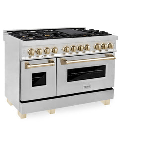 ZLINE Autograph Edition 48 in. 6.0 cu. ft. Legacy Dual Fuel Range with 7 Burner Gas Cooktop and 2 Electric Ovens in Stainless Steel and Polished Gold Accents (RAZ-48-G) side.