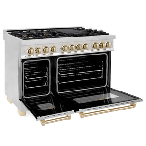 ZLINE Autograph Edition 48 in. 6.0 cu. ft. Legacy Dual Fuel Range with 7 Burner Gas Cooktop and 2 Electric Ovens in Stainless Steel and Polished Gold Accents (RAZ-48-G) side, oven open.