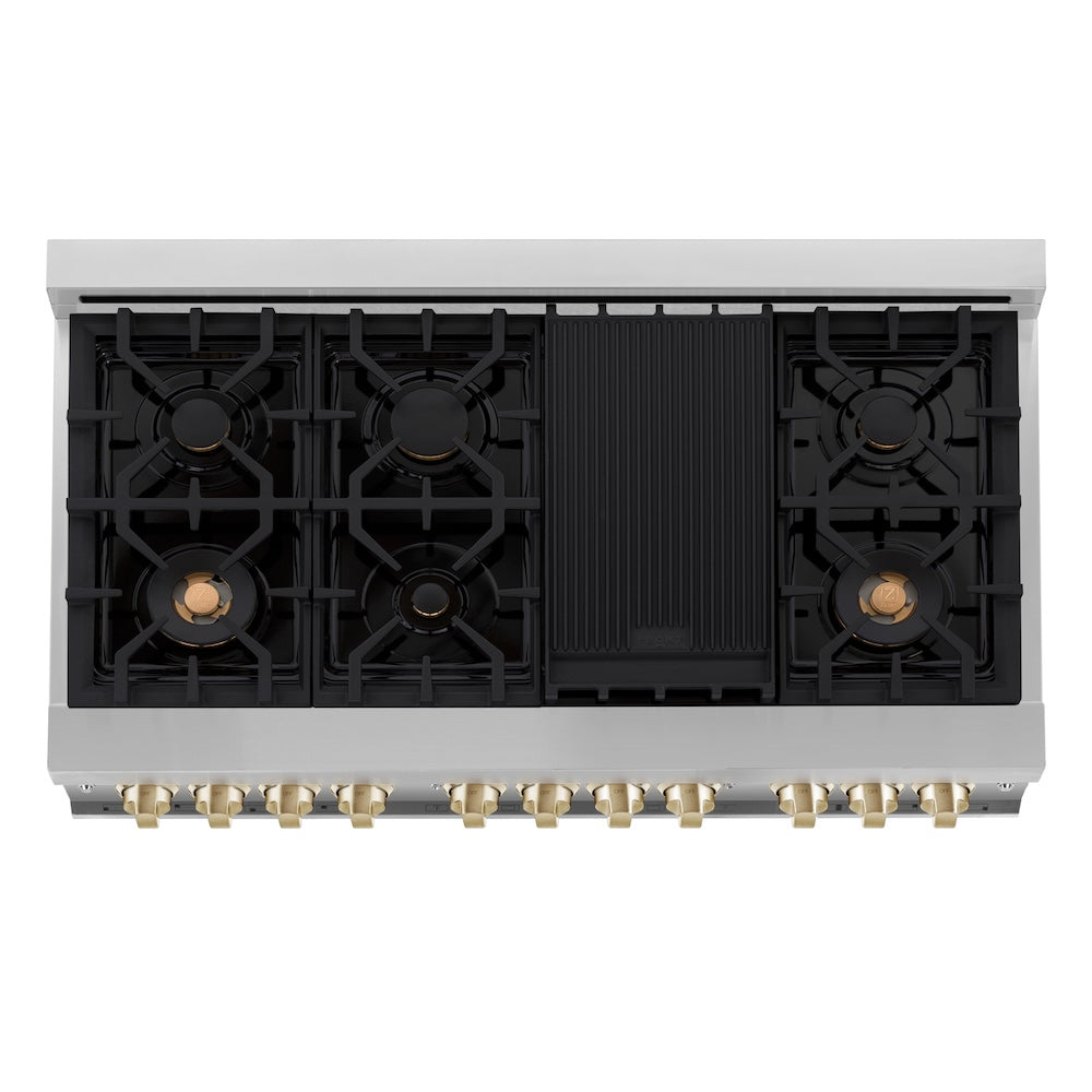 ZLINE Autograph Edition 48 in. 6.0 cu. ft. Legacy Dual Fuel Range with 7 Burner Gas Cooktop and 2 Electric Ovens in Stainless Steel and Polished Gold Accents (RAZ-48-G) top-down, above cooktop.