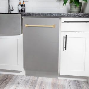 ZLINE Autograph Edition 18 in. Tallac Series 3rd Rack Dishwasher with Auto Door Open Drying, 51dBa, Stainless Steel Panel with Polished Gold Handle (DWVZ-304-18-G) in a modern kitchen setting.