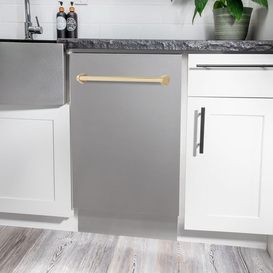 ZLINE Autograph Edition 18 in. Tallac Series 3rd Rack Dishwasher with Auto Door Open Drying, 51dBa, Stainless Steel Panel with Polished Gold Handle (DWVZ-304-18-G) in a modern kitchen setting.