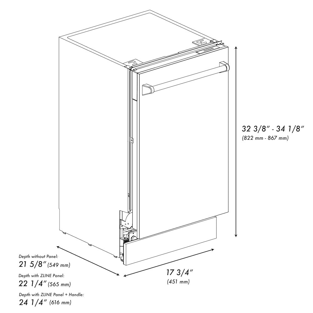 ZLINE Autograph Edition 18 in. Tallac Series 3rd Rack Dishwasher with Auto Door Open Drying, 51dBa, Stainless Steel Panel with Polished Gold Handle (DWVZ-304-18-G) dimensional diagram.