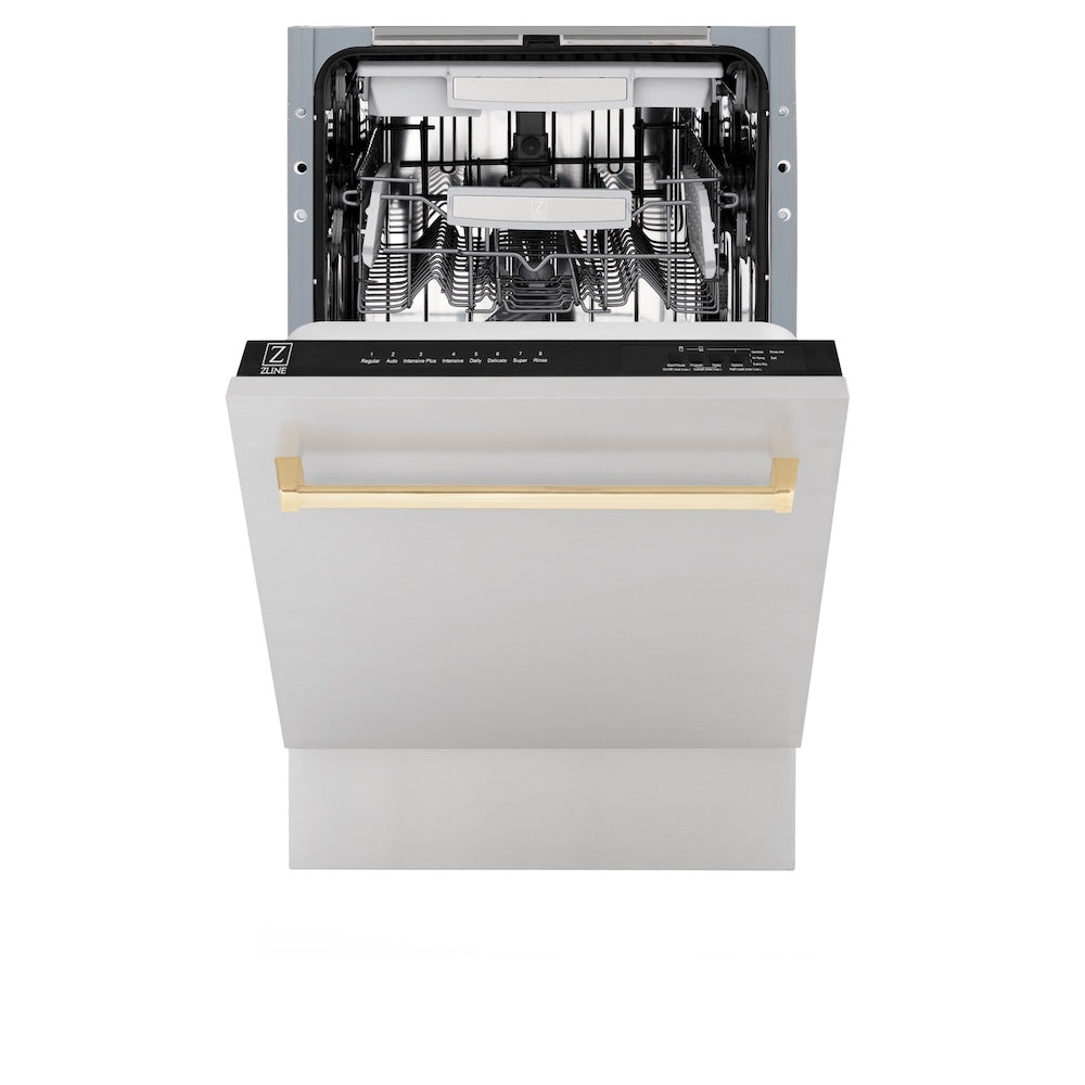 ZLINE Autograph Edition 18 in. Tallac Series 3rd Rack Dishwasher with Auto Door Open Drying, 51dBa, Stainless Steel Panel with Polished Gold Handle (DWVZ-304-18-G) front, half open.