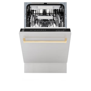 ZLINE Autograph Edition 18 in. Tallac Series 3rd Rack Dishwasher with Auto Door Open Drying, 51dBa, Stainless Steel Panel with Polished Gold Handle (DWVZ-304-18-G) front, half open.