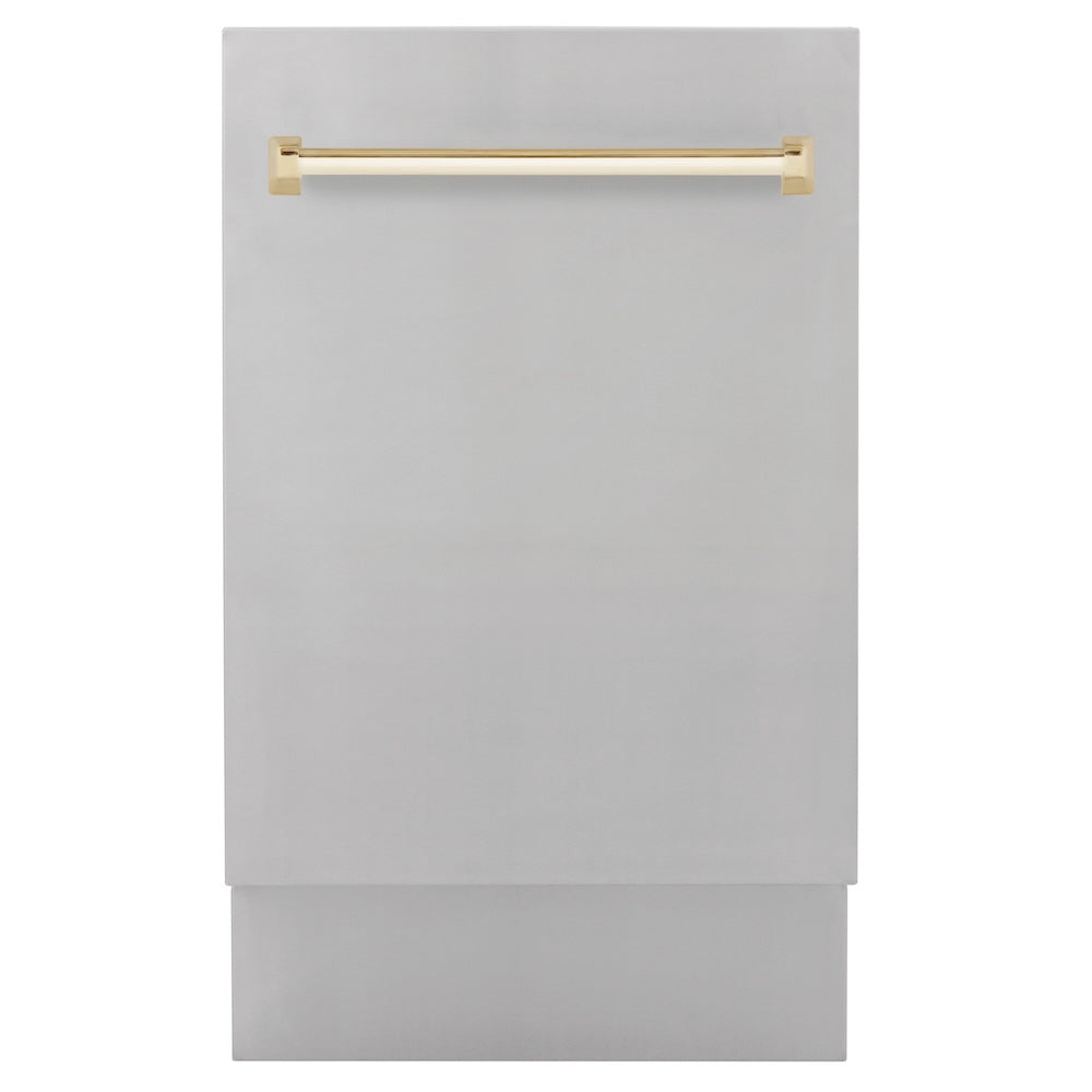 ZLINE Autograph Edition 18 in. Tallac Series 3rd Rack Dishwasher with Auto Door Open Drying, 51dBa, Stainless Steel Panel with Polished Gold Handle (DWVZ-304-18-G) main image.