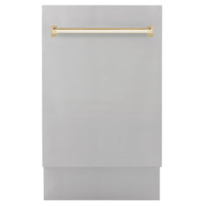 ZLINE Autograph Edition 18 in. Tallac Series 3rd Rack Dishwasher with Auto Door Open Drying, 51dBa, Stainless Steel Panel with Polished Gold Handle (DWVZ-304-18-G) main image.