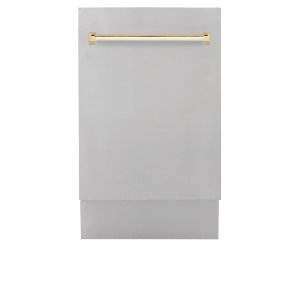 ZLINE Autograph Edition 18 in. Tallac Series 3rd Rack Dishwasher with Auto Door Open Drying, 51dBa, Stainless Steel Panel with Polished Gold Handle (DWVZ-304-18-G) front, closed.