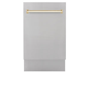 ZLINE Autograph Edition 18 in. Tallac Series 3rd Rack Dishwasher with Auto Door Open Drying, 51dBa, Stainless Steel Panel with Polished Gold Handle (DWVZ-304-18-G) front, closed.