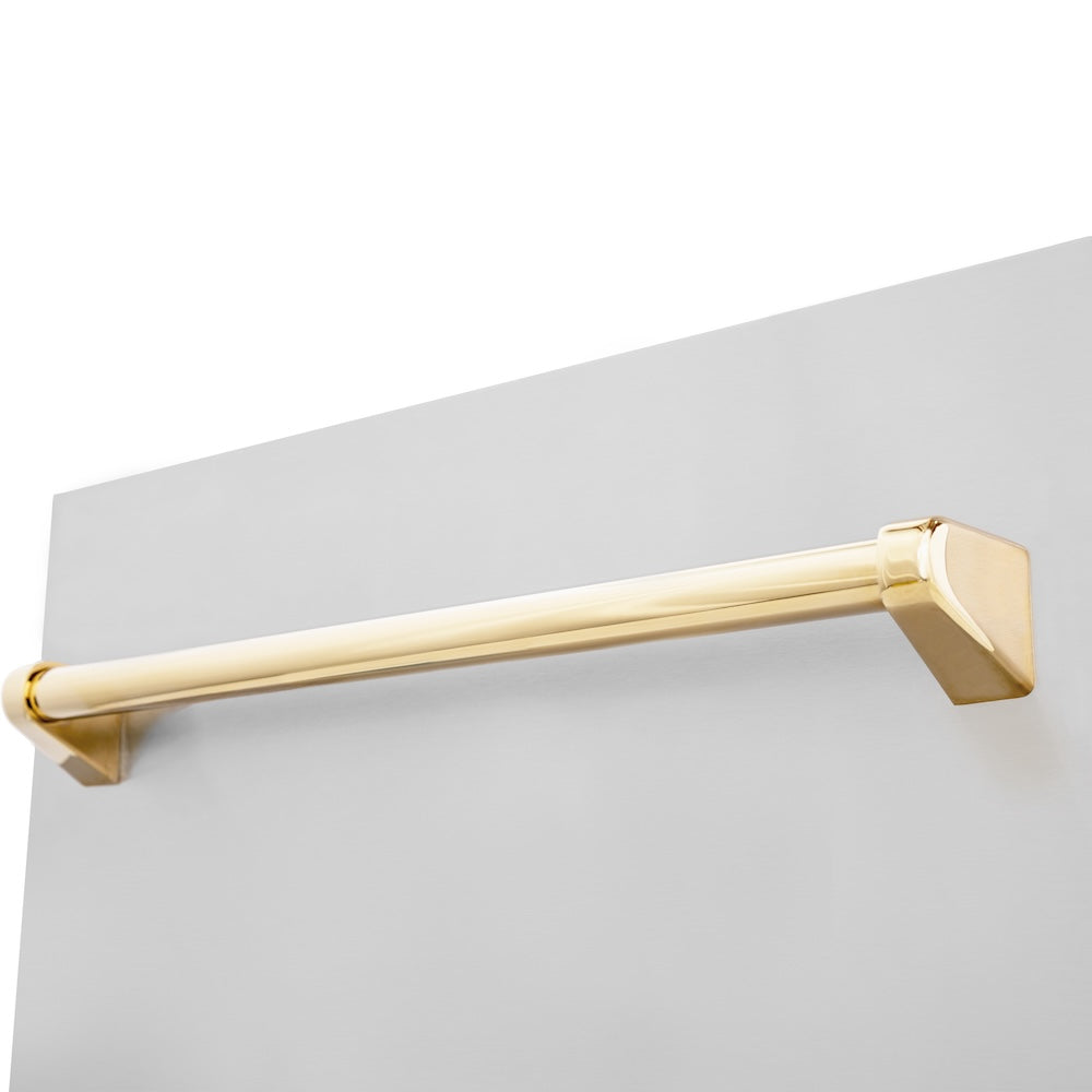 ZLINE Autograph Edition 18 in. Tallac Series 3rd Rack Dishwasher with Auto Door Open Drying, 51dBa, Stainless Steel Panel with Polished Gold Handle (DWVZ-304-18-G) close-up, handle location.