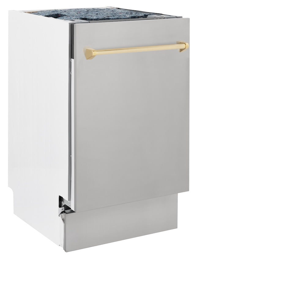 ZLINE Autograph Edition 18 in. Tallac Series 3rd Rack Dishwasher with Auto Door Open Drying, 51dBa, Stainless Steel Panel with Polished Gold Handle (DWVZ-304-18-G) side, closed.