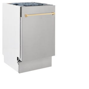 ZLINE Autograph Edition 18 in. Tallac Series 3rd Rack Dishwasher with Auto Door Open Drying, 51dBa, Stainless Steel Panel with Polished Gold Handle (DWVZ-304-18-G) side, closed.