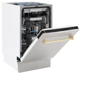 ZLINE Autograph Edition 18 in. Tallac Series 3rd Rack Dishwasher with Auto Door Open Drying, 51dBa, Stainless Steel Panel with Polished Gold Handle (DWVZ-304-18-G) side, half open.