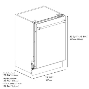 ZLINE Autograph Edition 24 in. 3rd Rack Top Control Tall Tub Dishwasher in Stainless Steel with Champagne Bronze Handle, 51dBa (DWVZ-304-24-CB) dimensional diagram.