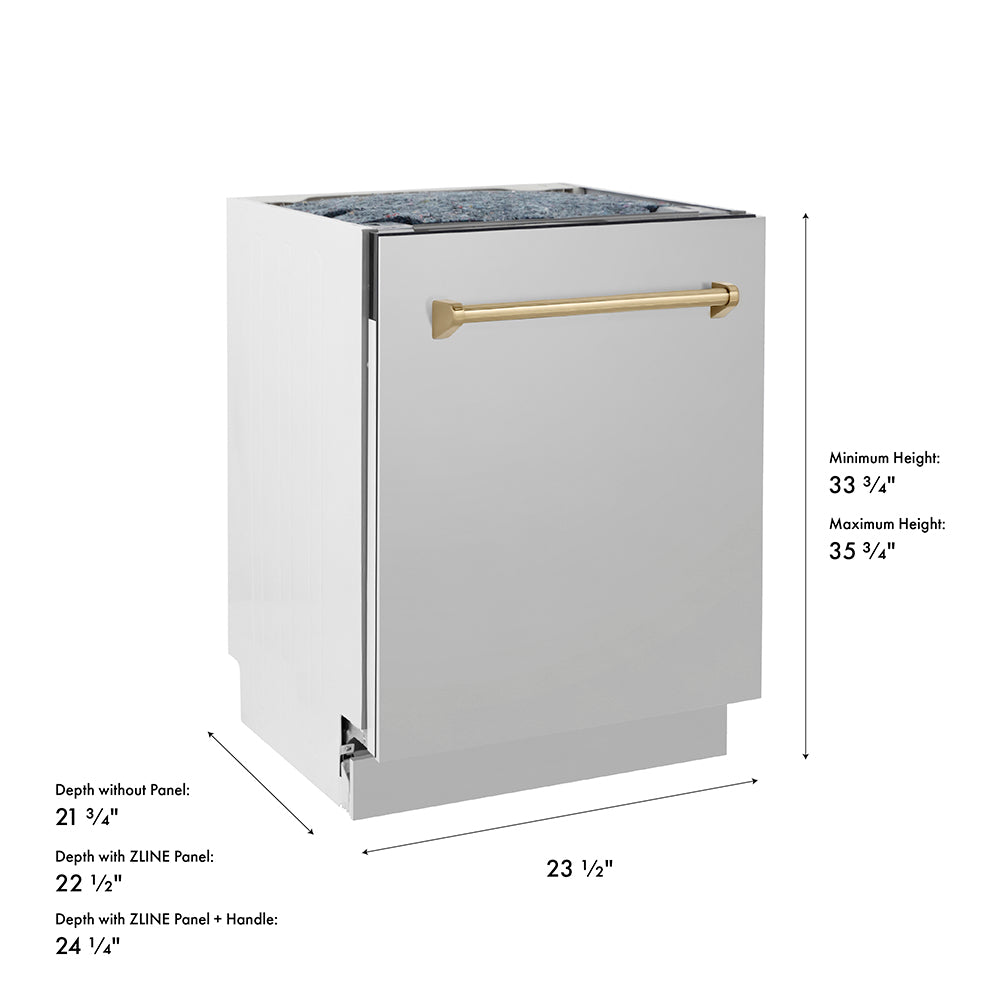 ZLINE Autograph Edition 24 in. Tallac Series 3rd Rack Top Control Built-In Tall Tub Dishwasher in Stainless Steel with Champagne Bronze Handle, 51dBa (DWVZ-304-24-CB) with dimensions labeled on a white background