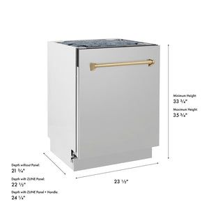 ZLINE Autograph Edition 24 in. Tallac Series 3rd Rack Top Control Built-In Tall Tub Dishwasher in Stainless Steel with Champagne Bronze Handle, 51dBa (DWVZ-304-24-CB) with dimensions labeled on a white background