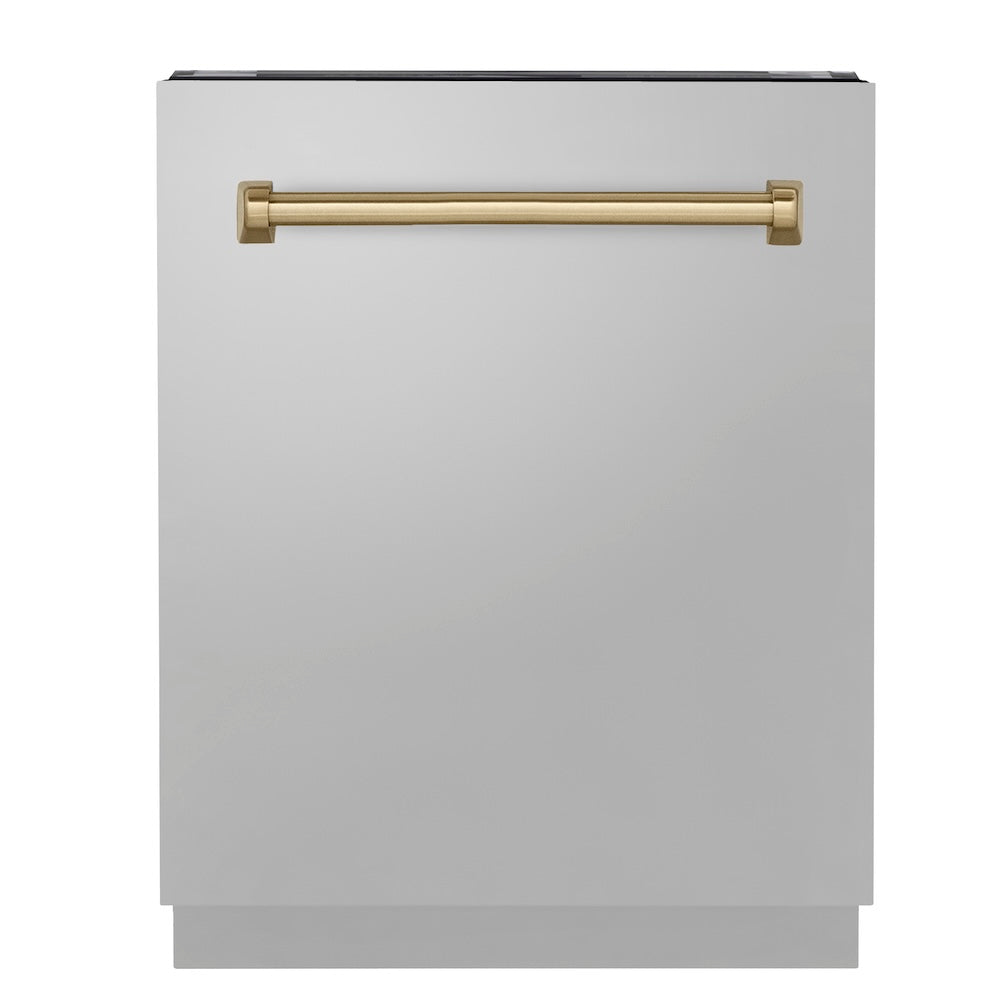 ZLINE Autograph Edition 24 in. Tallac Series 3rd Rack Top Control Built-In Tall Tub Dishwasher in Stainless Steel with Champagne Bronze Handle, 51dBa (DWVZ-304-24-CB) main image.