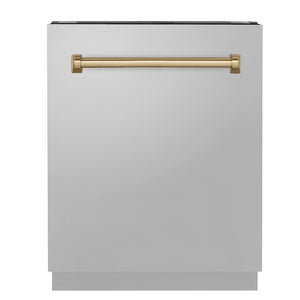ZLINE Autograph Edition 24 in. Tallac Series 3rd Rack Top Control Built-In Tall Tub Dishwasher in Stainless Steel with Champagne Bronze Handle, 51dBa (DWVZ-304-24-CB) main image.