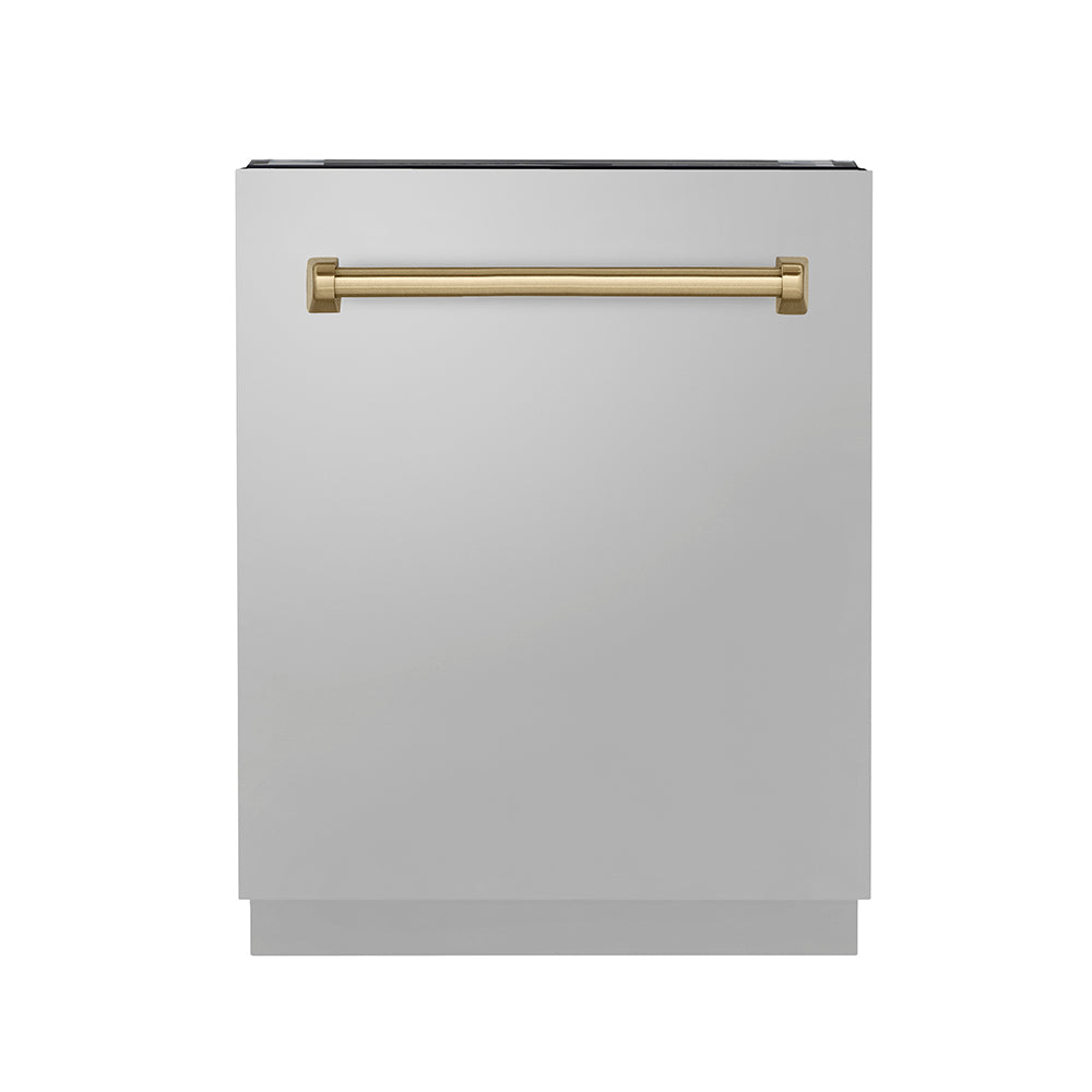 ZLINE Autograph Edition 24 in. Tallac Series 3rd Rack Top Control Built-In Tall Tub Dishwasher in Stainless Steel with Champagne Bronze Handle, 51dBa (DWVZ-304-24-CB) front, closed.
