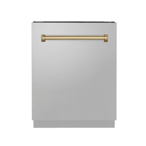 ZLINE Autograph Edition 24 in. Tallac Series 3rd Rack Top Control Built-In Tall Tub Dishwasher in Stainless Steel with Champagne Bronze Handle, 51dBa (DWVZ-304-24-CB) front, closed.