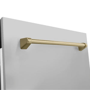 ZLINE Autograph Edition 24 in. 3rd Rack Top Control Tall Tub Dishwasher in Stainless Steel with Champagne Bronze Handle, 51dBa (DWVZ-304-24-CB) close-up, handle on dishwasher panel.