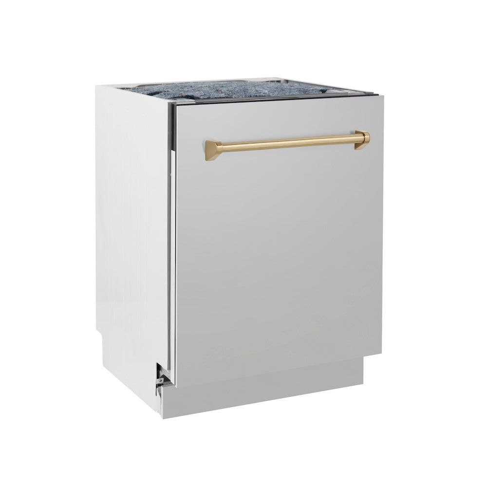 ZLINE Autograph Edition 24 in. Tallac Series 3rd Rack Top Control Built-In Tall Tub Dishwasher in Stainless Steel with Champagne Bronze Handle, 51dBa (DWVZ-304-24-CB) side.