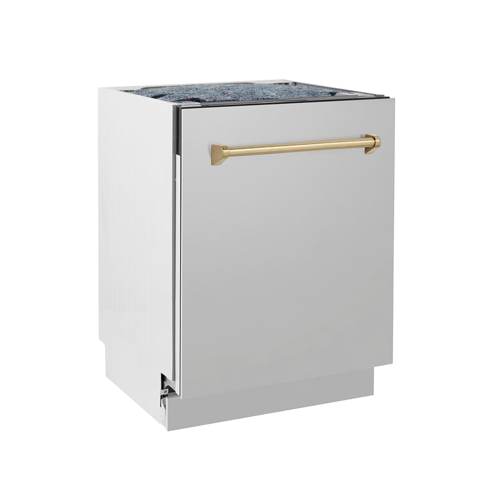 ZLINE Autograph Edition 24 in. Tallac Series 3rd Rack Top Control Built-In Tall Tub Dishwasher in Stainless Steel with Champagne Bronze Handle, 51dBa (DWVZ-304-24-CB) side, closed.