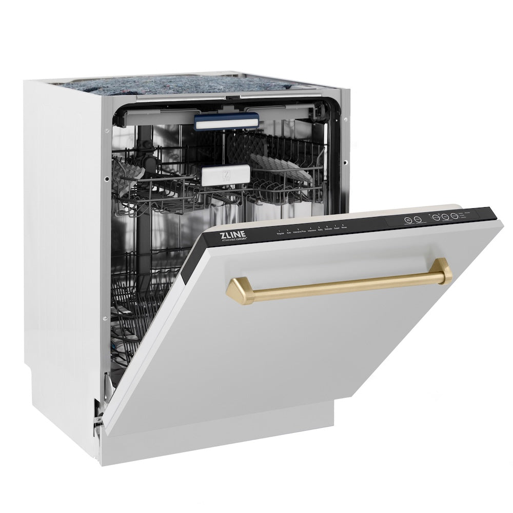 ZLINE Autograph Edition 24 in. Tallac Series 3rd Rack Top Control Built-In Tall Tub Dishwasher in Stainless Steel with Champagne Bronze Handle, 51dBa (DWVZ-304-24-CB) side, open.