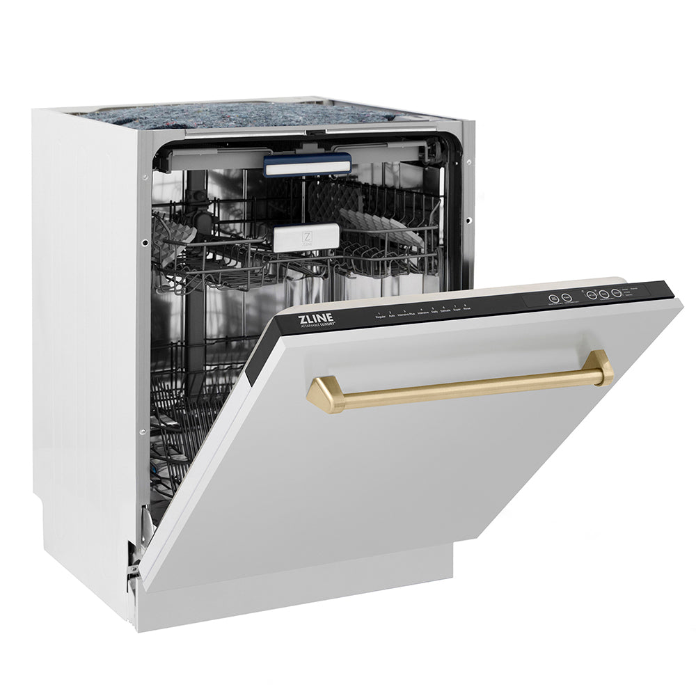 ZLINE Autograph Edition 24 in. Tallac Series 3rd Rack Top Control Built-In Tall Tub Dishwasher in Stainless Steel with Champagne Bronze Handle, 51dBa (DWVZ-304-24-CB) side, half open.