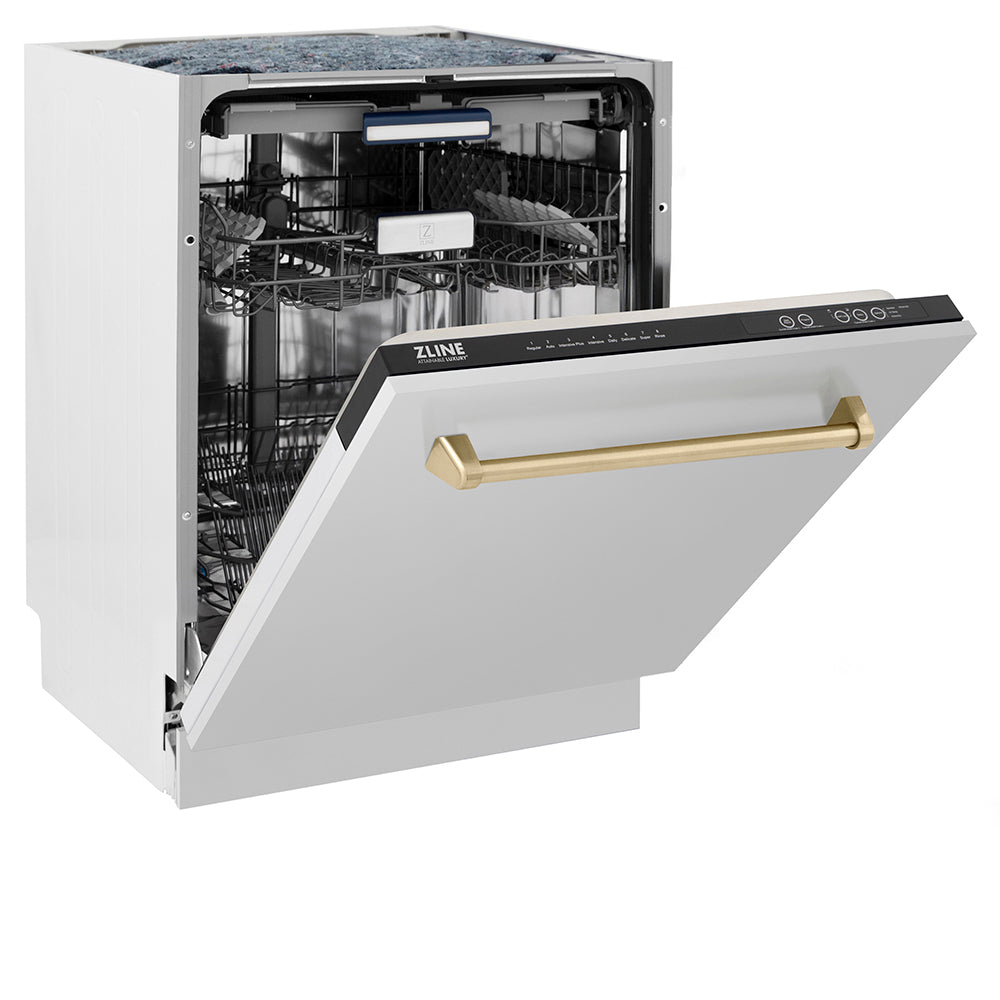ZLINE Autograph Edition 24 in. Tallac Series 3rd Rack Top Control Built-In Tall Tub Dishwasher in Stainless Steel with Champagne Bronze Handle, 51dBa (DWVZ-304-24-CB) side, half open.