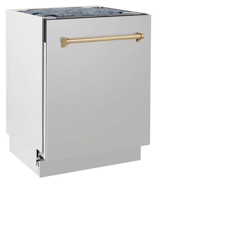 ZLINE Autograph Edition 24 in. Tallac Series 3rd Rack Top Control Built-In Tall Tub Dishwasher in Stainless Steel with Champagne Bronze Handle, 51dBa (DWVZ-304-24-CB) side, closed.