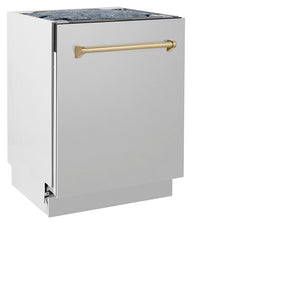 ZLINE Autograph Edition 24 in. Tallac Series 3rd Rack Top Control Built-In Tall Tub Dishwasher in Stainless Steel with Champagne Bronze Handle, 51dBa (DWVZ-304-24-CB) side, closed.