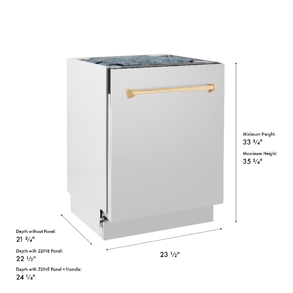 ZLINE Autograph Edition 24 in. Tallac Series 3rd Rack Top Control Built-In Tall Tub Dishwasher in Stainless Steel with Polished Gold Handle, 51dBa (DWVZ-304-24-G) dimensional diagram.